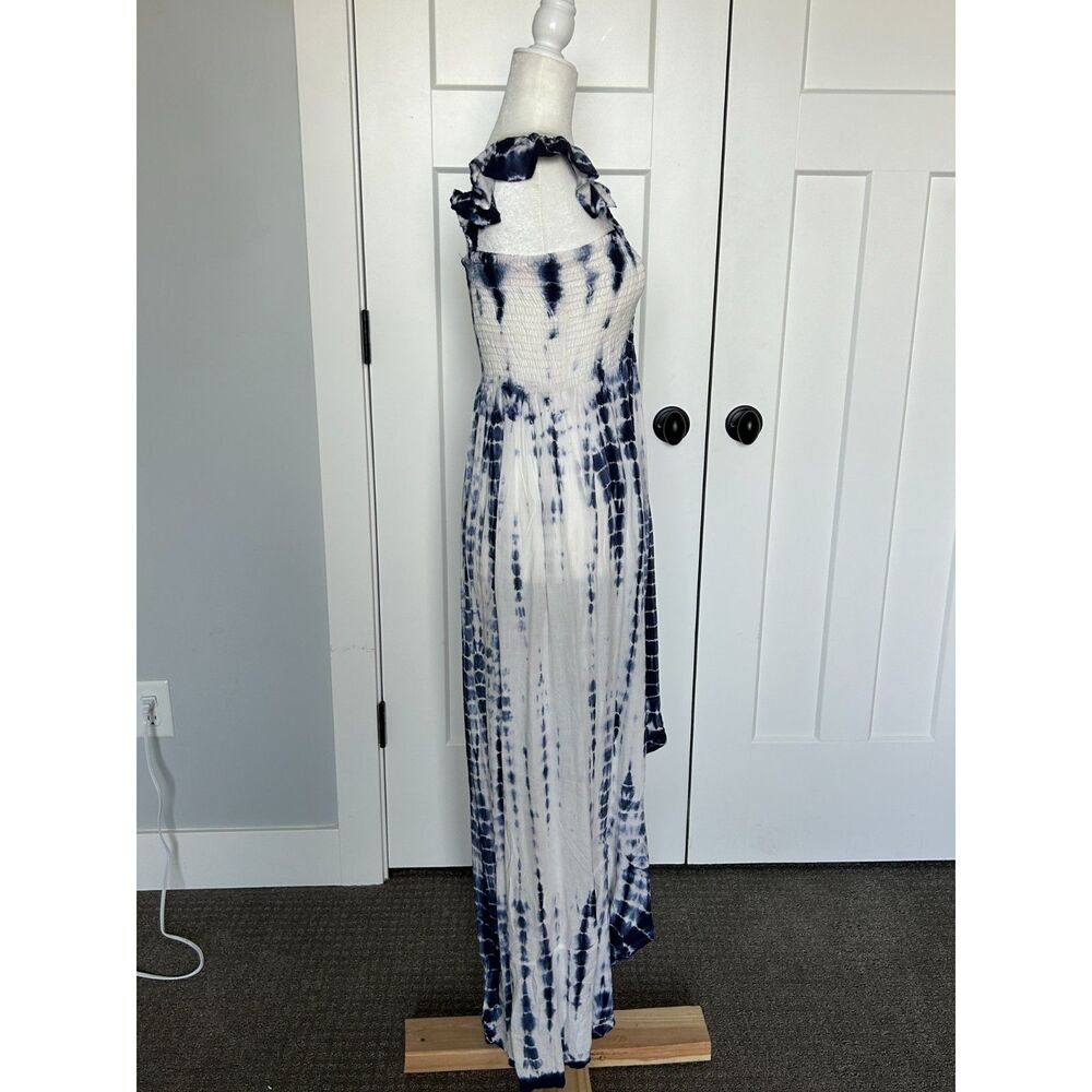 AVIYA Tie-Dye Blue and White Dress, Smocked Bodice, Flounce Sleeves, size M. - Picture 4 of 5